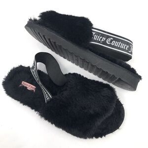Juicy Couture Black Fuzzy Faux Fur Peep Toe Signature Slippers